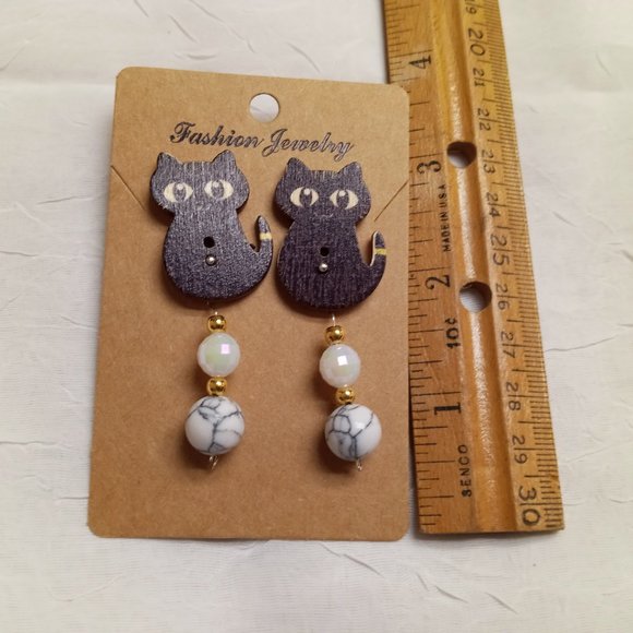 Home Made Handmade Wood & Metal Cat Black Button Earrings #42 - Picture 9 of 9